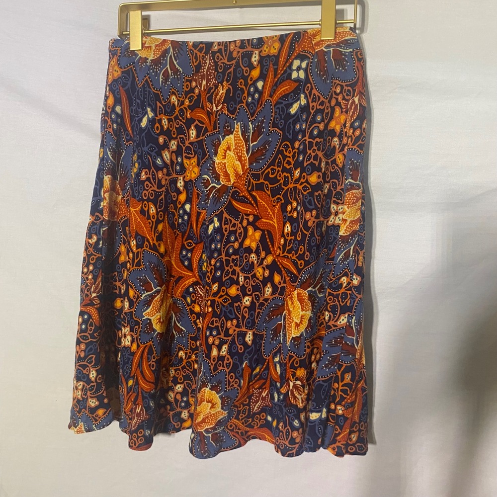 Anthropologie Batik Floral Print A-Line Mini Skirt Navy Orange XS